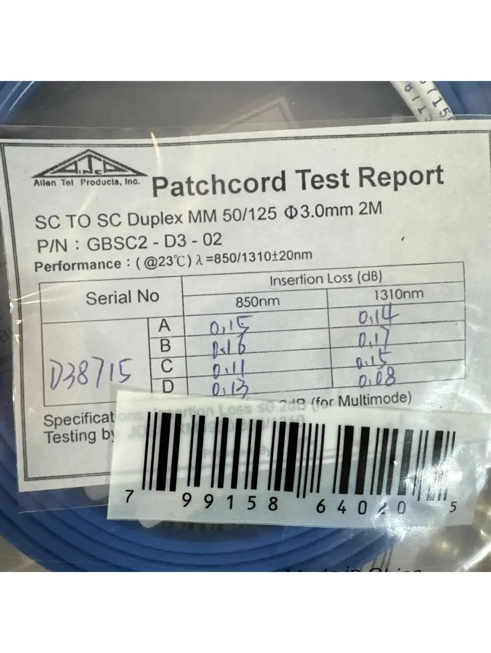Lot of 22 Allen Tel GBLC2-D3-01 Duplex MM 50/125 Fiber Optic Patchcord Cable!